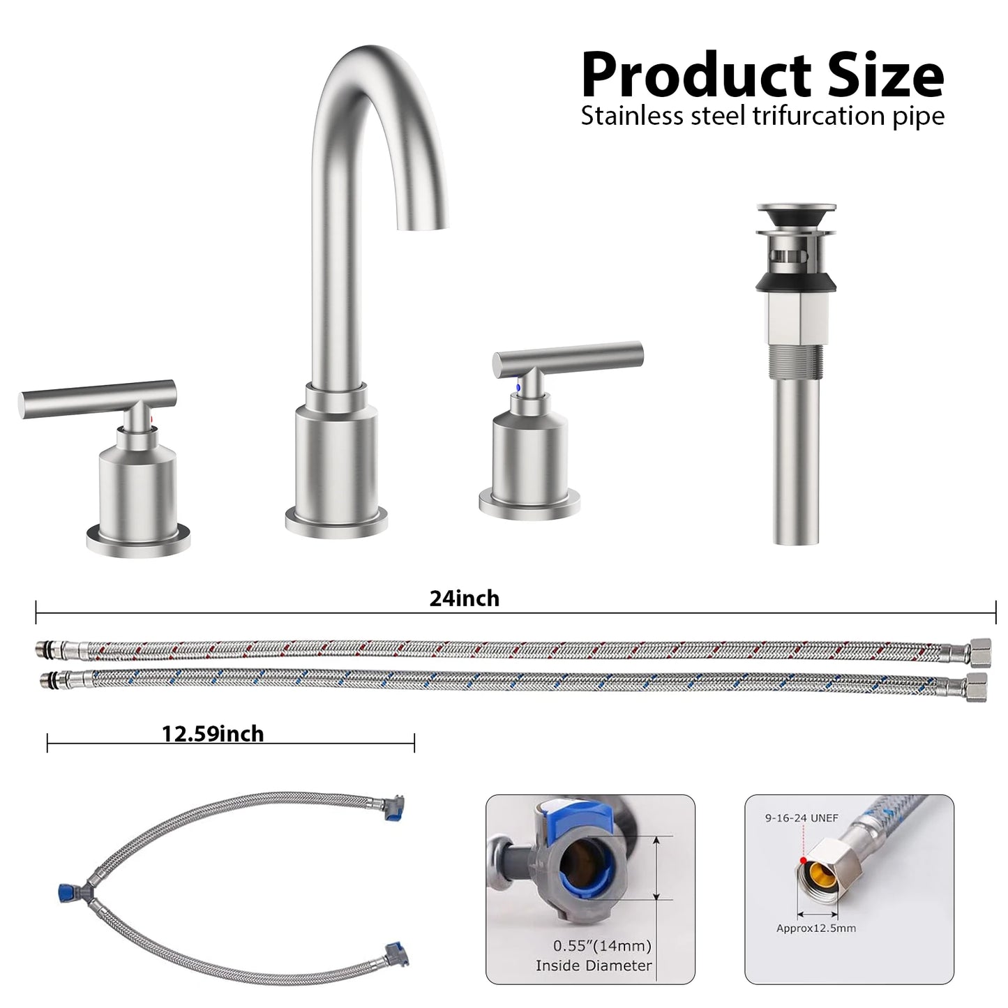 8 Inch 3 Hole Chrome Finish Bath Faucet With Pop Up Drain