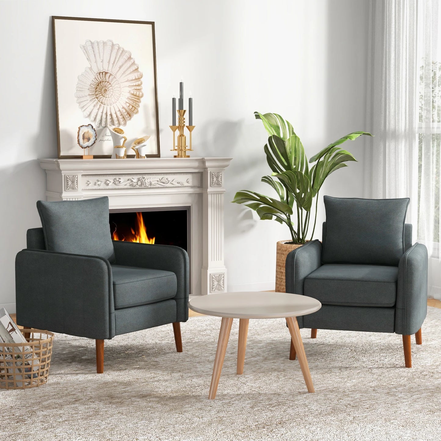 2PCS Modern Accent Chair Upholstered Mid-Century Armchair w/ Rubber Wood Legs Grey