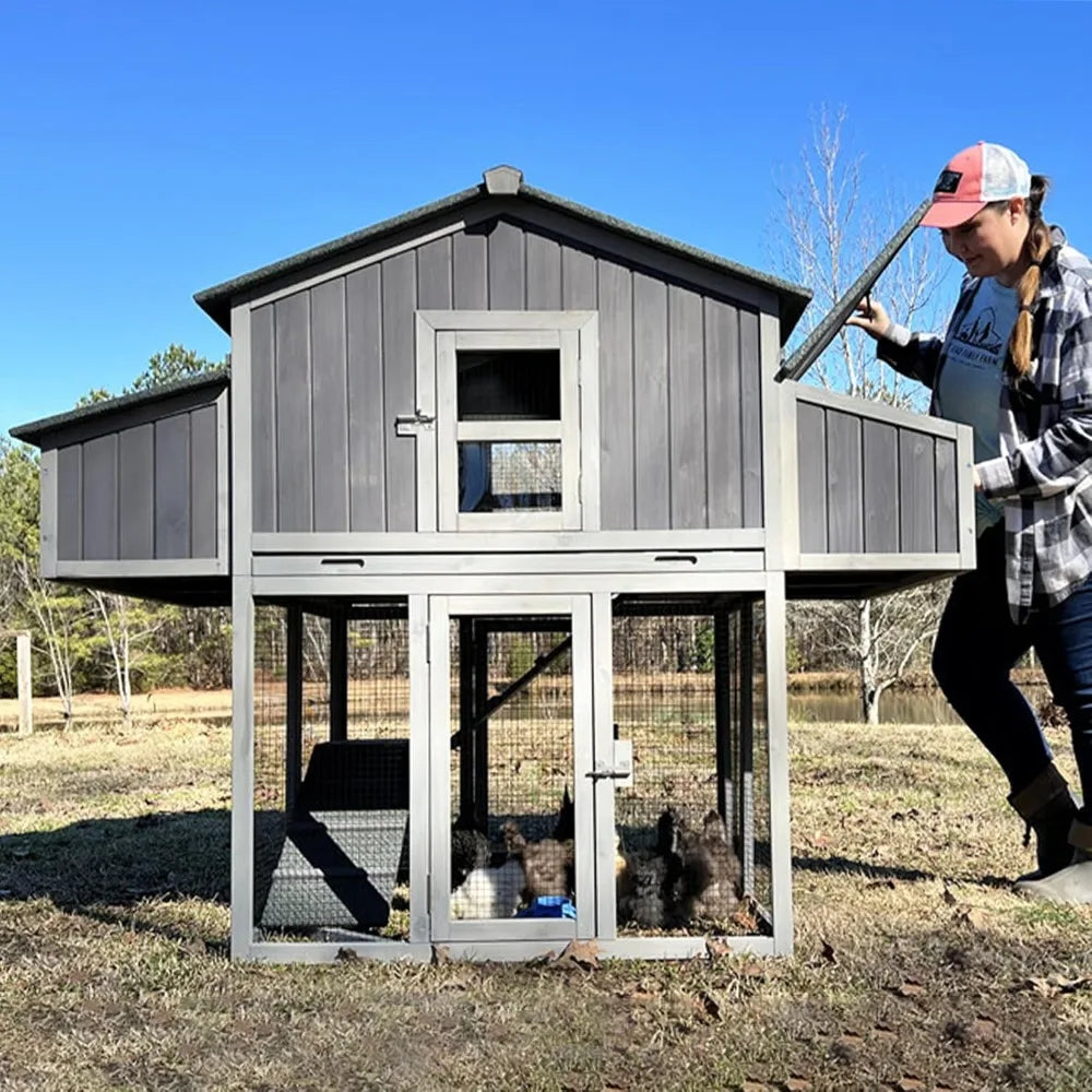Chicken Coop Foldable Hen House with Run and 4 Nesting Boxes Wooden Large Chicken Coop 69.8" L for 4-6 Chickens Pull Out Metal