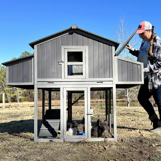 Chicken Coop Foldable Hen House with Run and 4 Nesting Boxes Wooden Large Chicken Coop 69.8" L for 4-6 Chickens Pull Out Metal