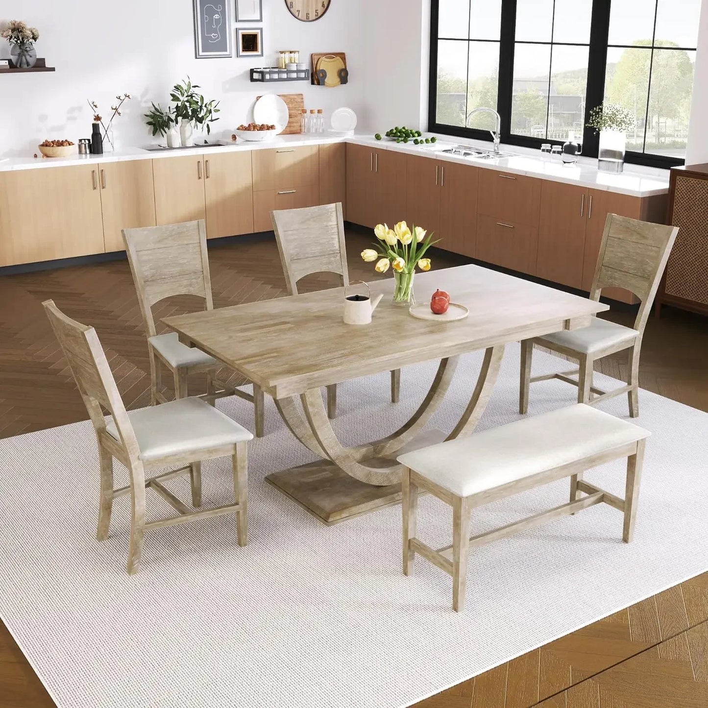 GUANGBAI 6 Piece Dining Table Set With Bench And Chairs