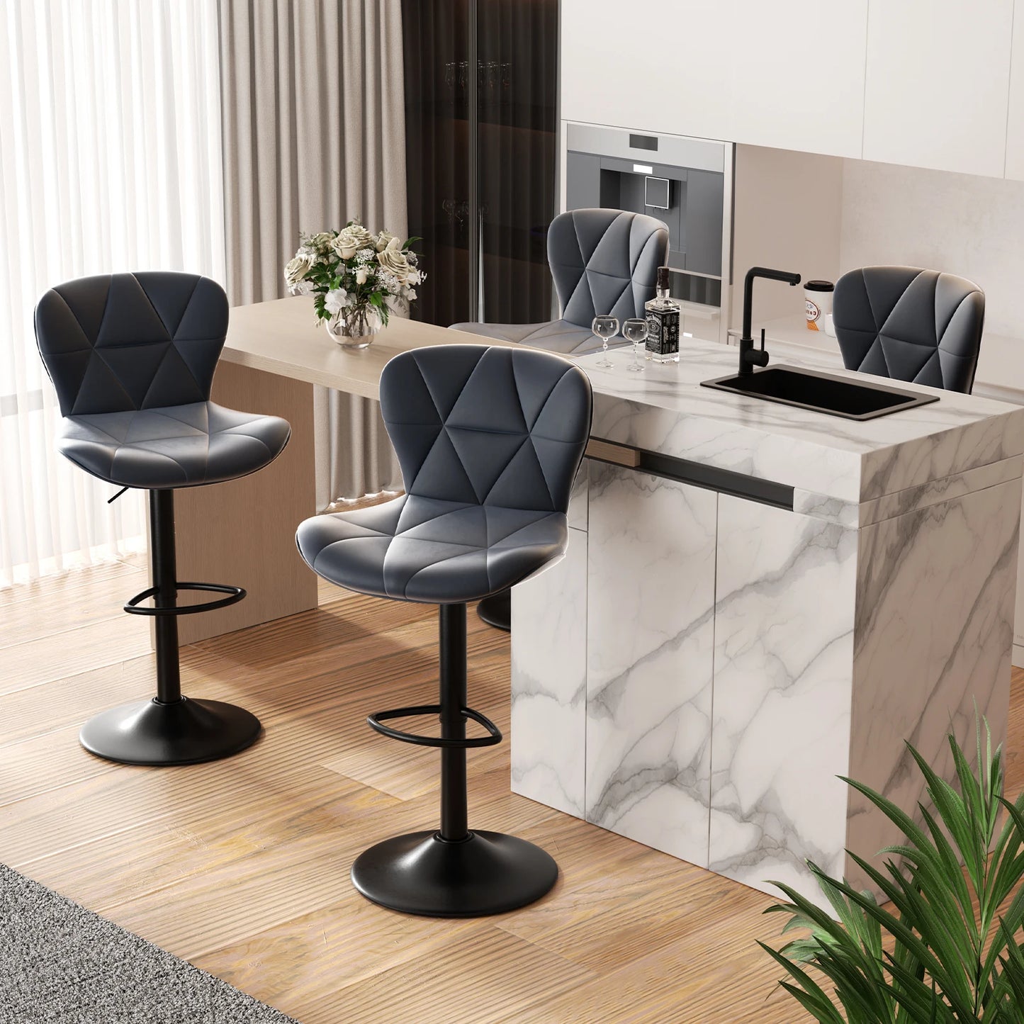 2 Pcs Bar Chair, 360 ° Rotation Adjustable Height, Faux Leather Upholstered with Backrest, Bar Furniture, for Dining Room, Kitchen