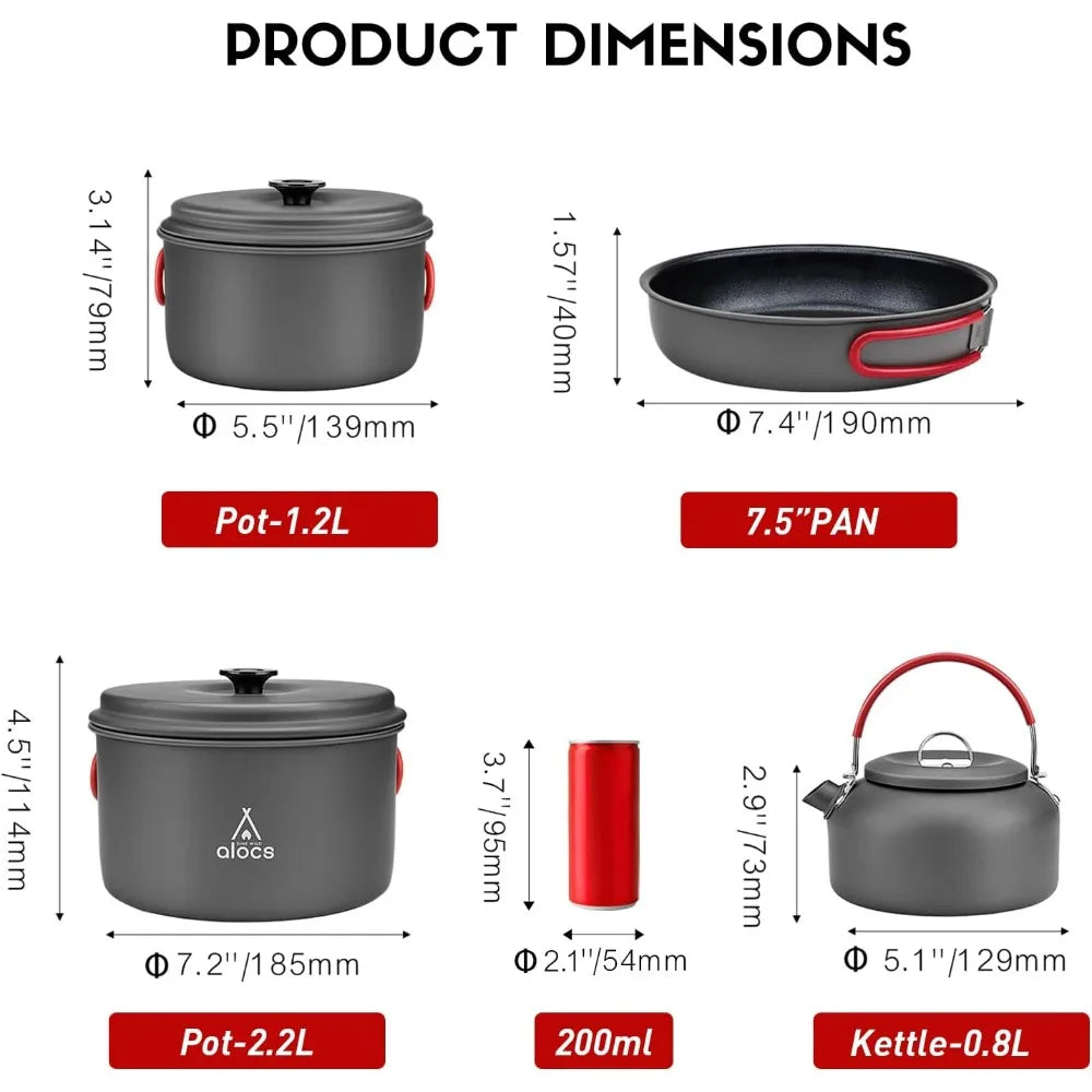 ALOCS Camping Cookware Set Four In One Hard Aluminum