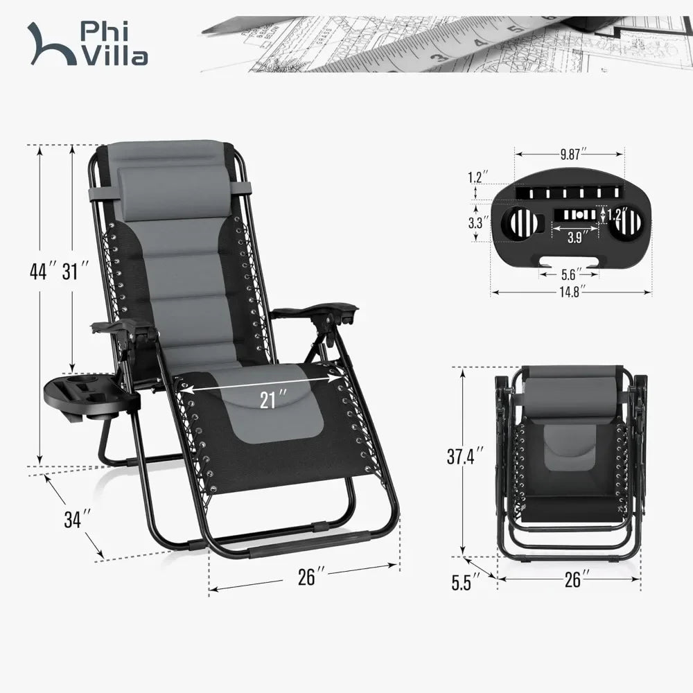 Padded Zero Gravity Lounge Chair Folding Patio Recliner with Adjustable Headrest & Cup Holder, Support 350 LBS