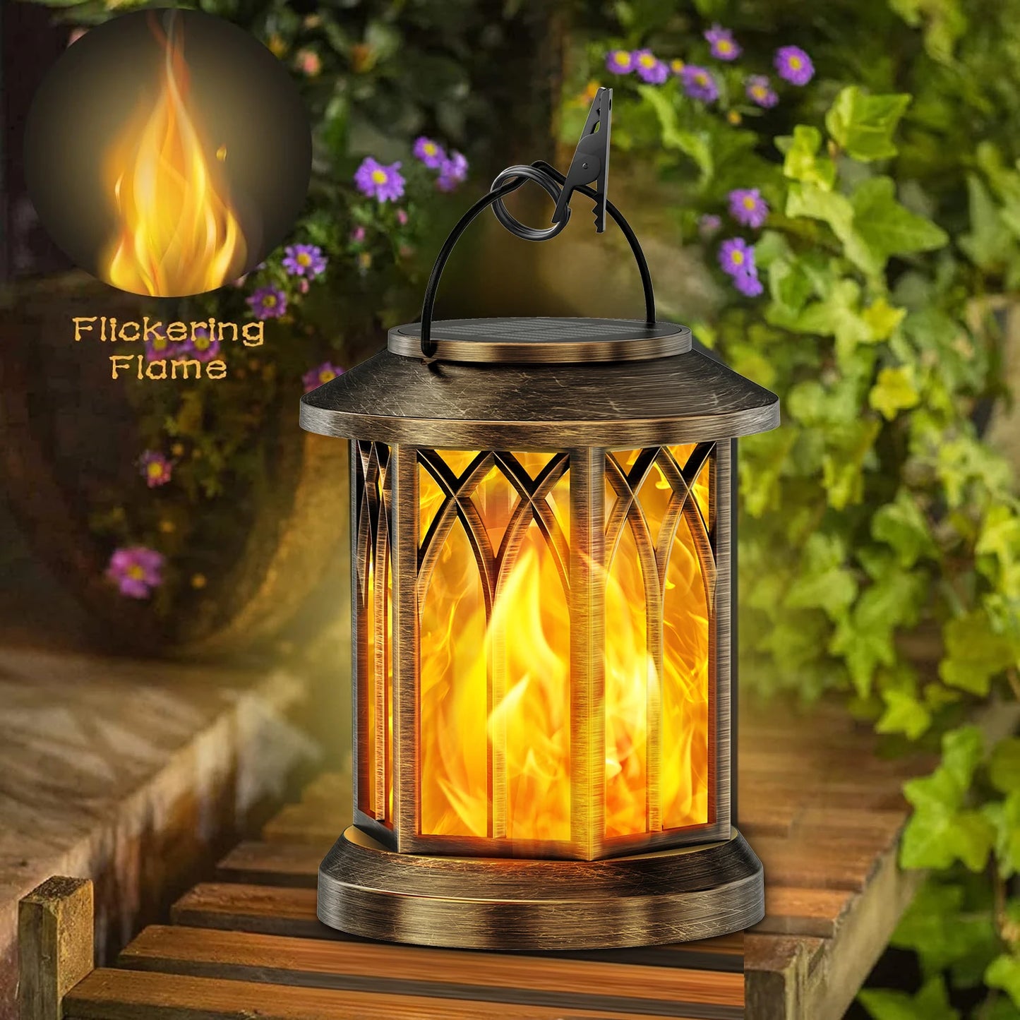 KPSTEK 2 Pack Flickering Flame Solar Outdoor Lanterns