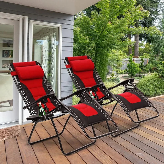 Padded Zero Gravity Lawn Chairs Set of 2 Foldable Patio Recliners Anti Gravity Lounge Chairs w/Pillow & Cup Holder Outdoor Camp