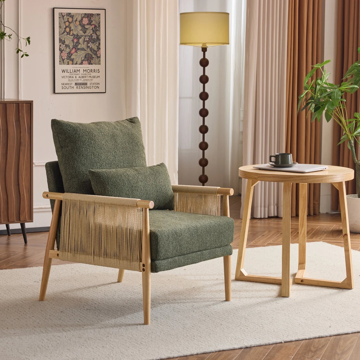 Modern Braid Accent Chair with Natural Oak Wooden Armrest, with Waist Pillow for Living Room, Bedroom, Reading Room, Balcont