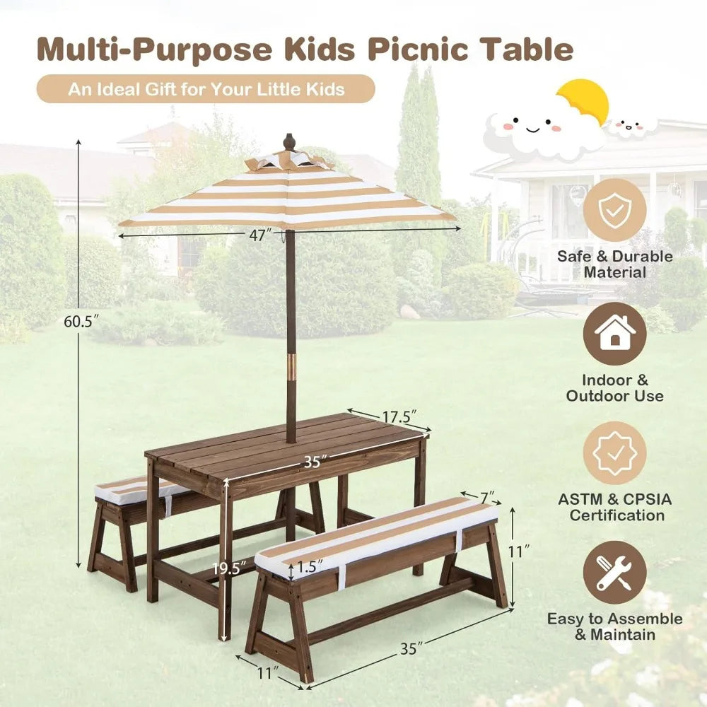 Kids Picnic Table Outdoor Wooden Bench Set Umbrella