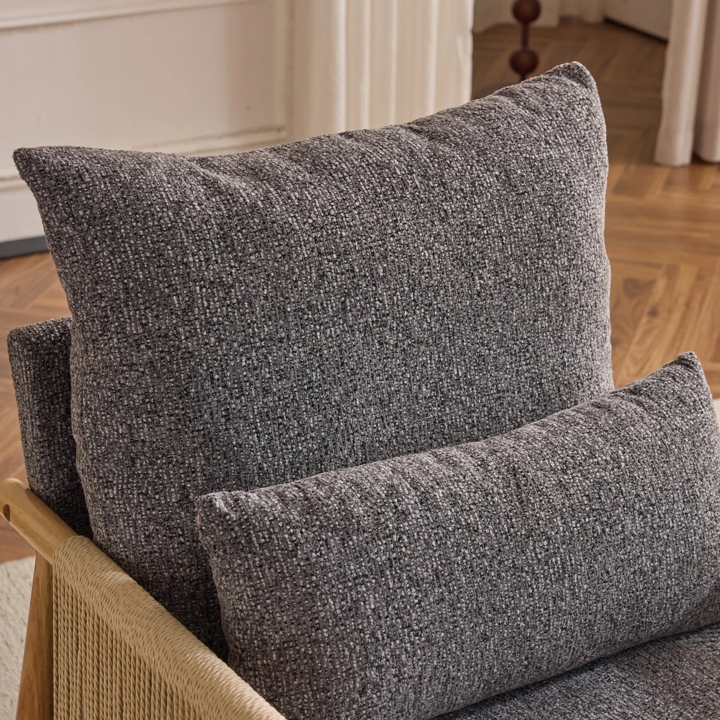 Modern Braid Accent Chair with Natural Oak Wooden Armrest, with Waist Pillow for Living Room, Bedroom, Reading Room, Balcont