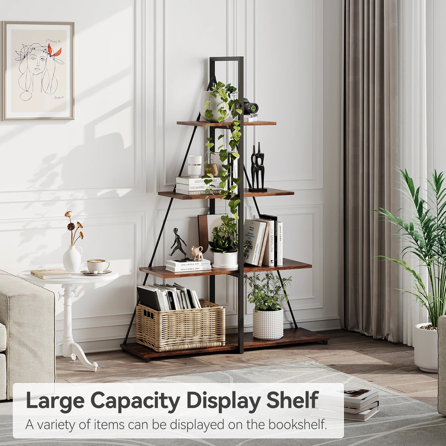 Book Shelf, 4 Tier Bookshelf, Modern Boat Shaped Design, Narrow Wooden Bookcase for Living Room/Bedroom
