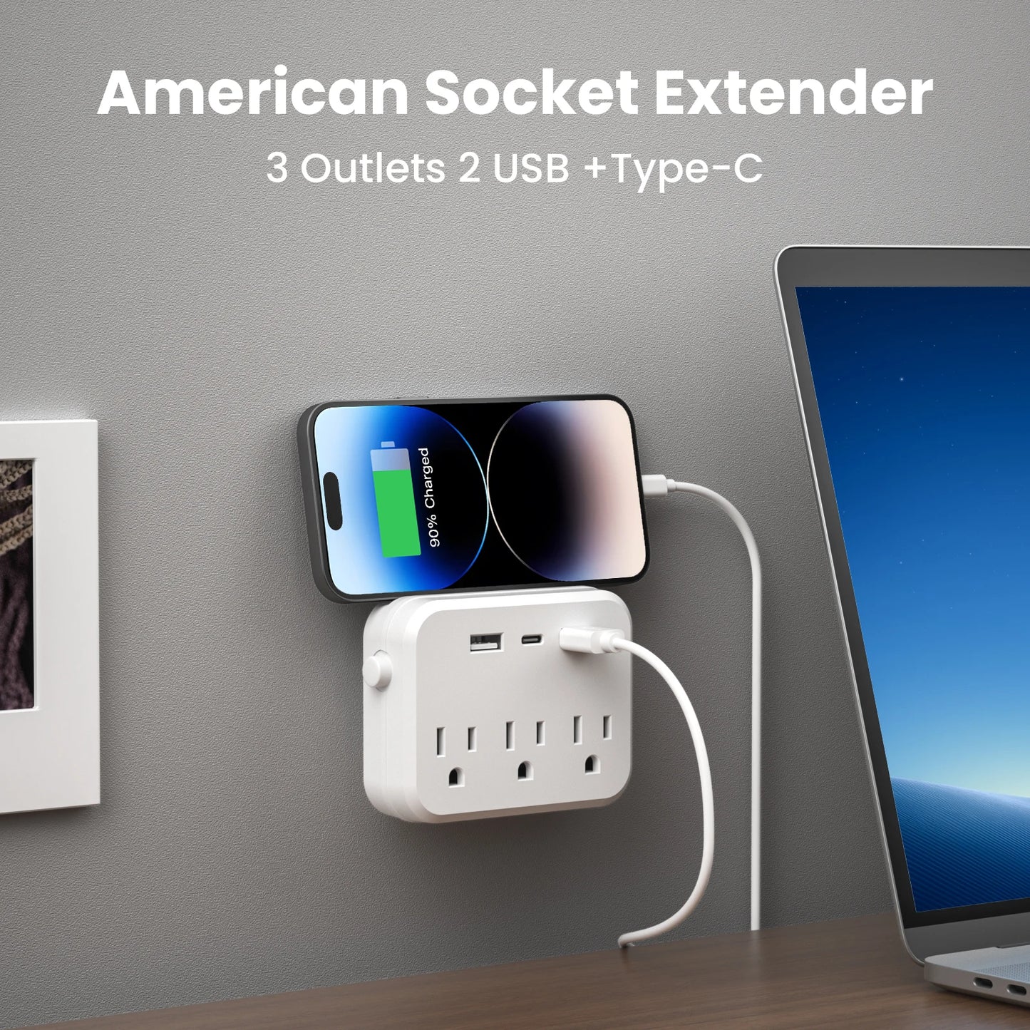 TRANSTON   3 Pcs,Mini Portable Switched 6-in-1 Multi-Function Power Outlet,3 power strip 2 USB 1 USB-C for Business Travel and