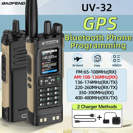 Walkie Talkie Baofeng UV-32 Multi Band 10W GPS Bluetooth Programming Amateur AM Two Way Radio with 2.0" Screen Type-C Ham Radio
