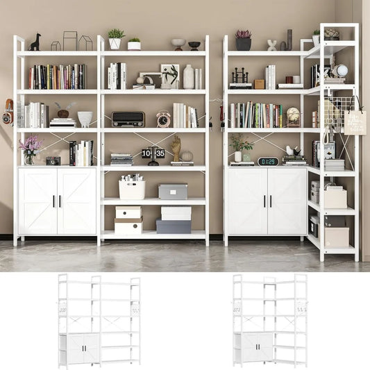 Farmhouse White Corner Book Shelf with Barn Doors and 10 Shelves
