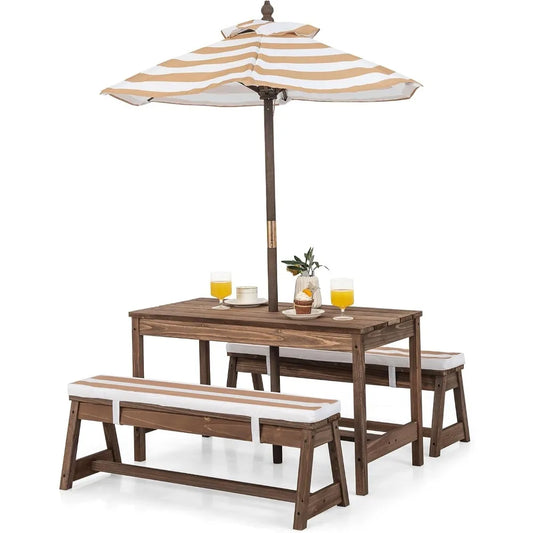 Kids Picnic Table Outdoor Wooden Bench Set Umbrella