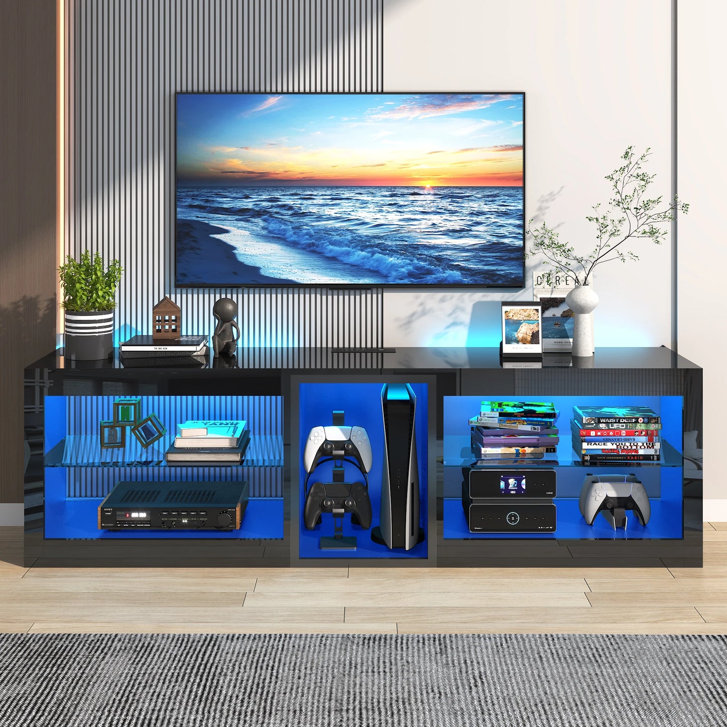 63" LED TV Stand for TVs Up To 70 Inch, Modern Entertainment Centre with Power Outlet TV Shelf with Storage Cabinet