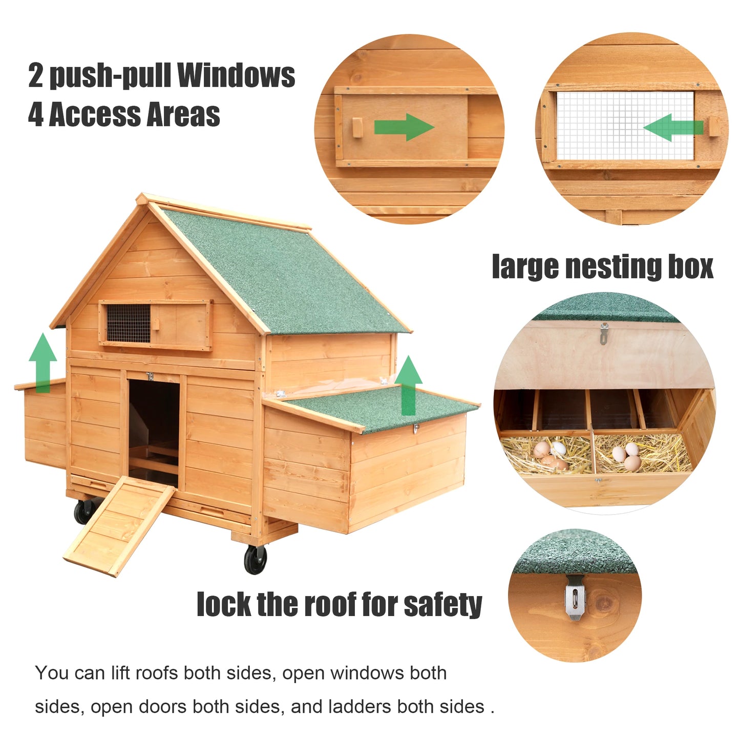 Chicken Coop on Wheels, Large Mobile Wooden Hen House for 6-8 Chickens, Outdoor Poultry Cage with Nesting Box
