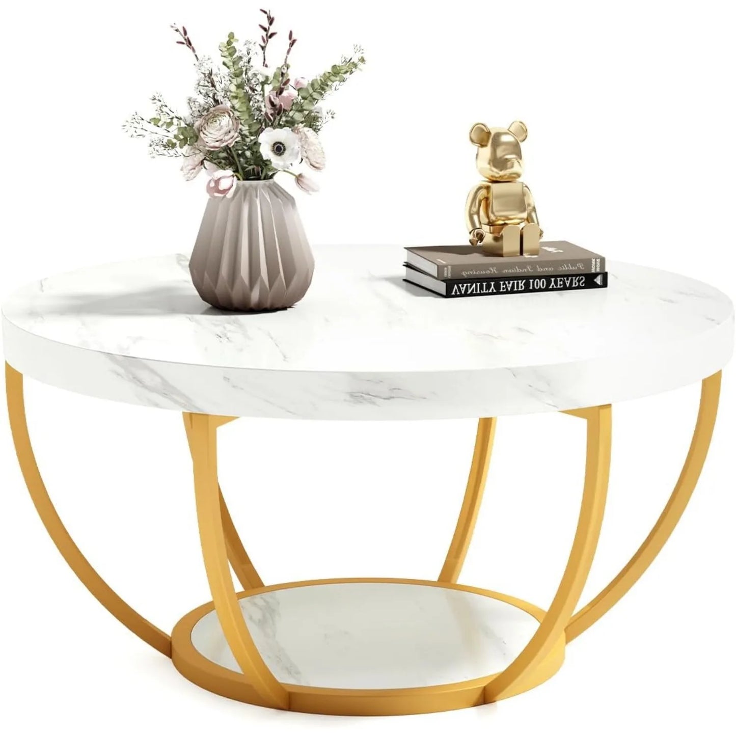 32 Inch Marble Coffee Table with Golden Metal Legs