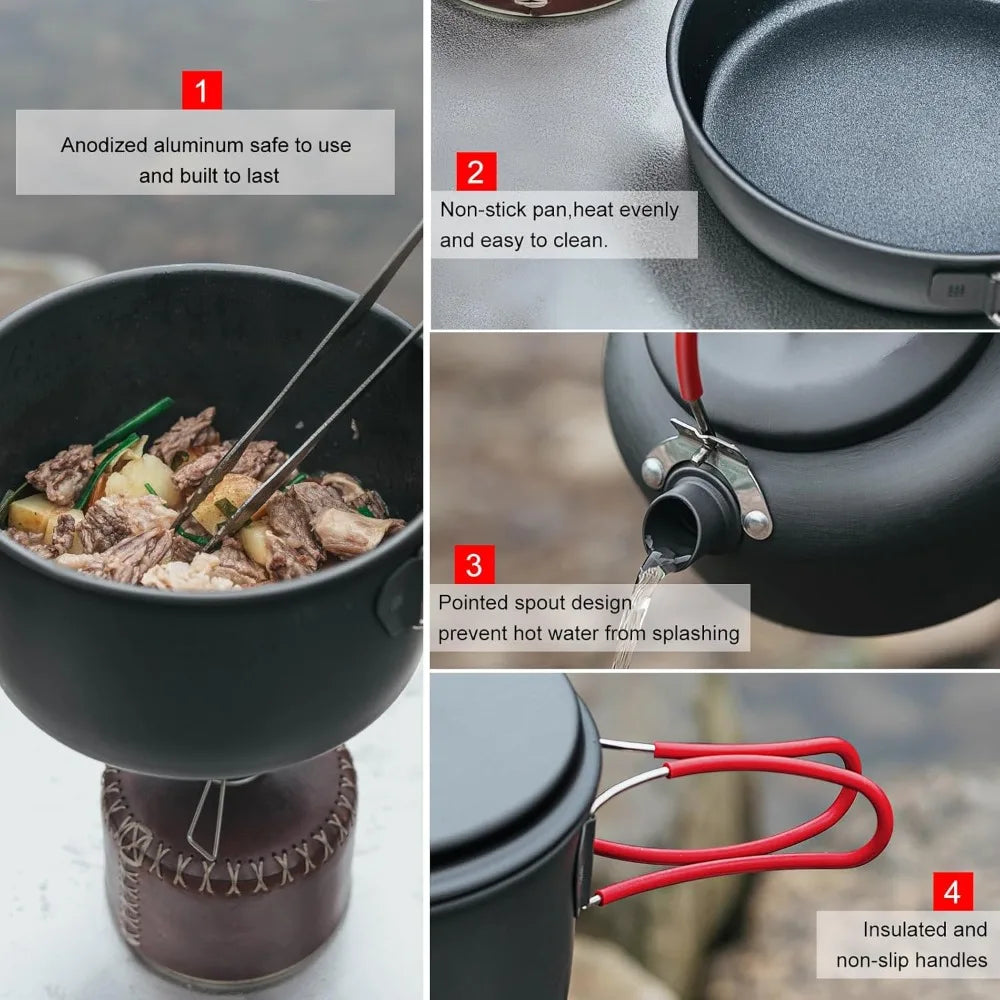 ALOCS Camping Cookware Set Four In One Hard Aluminum