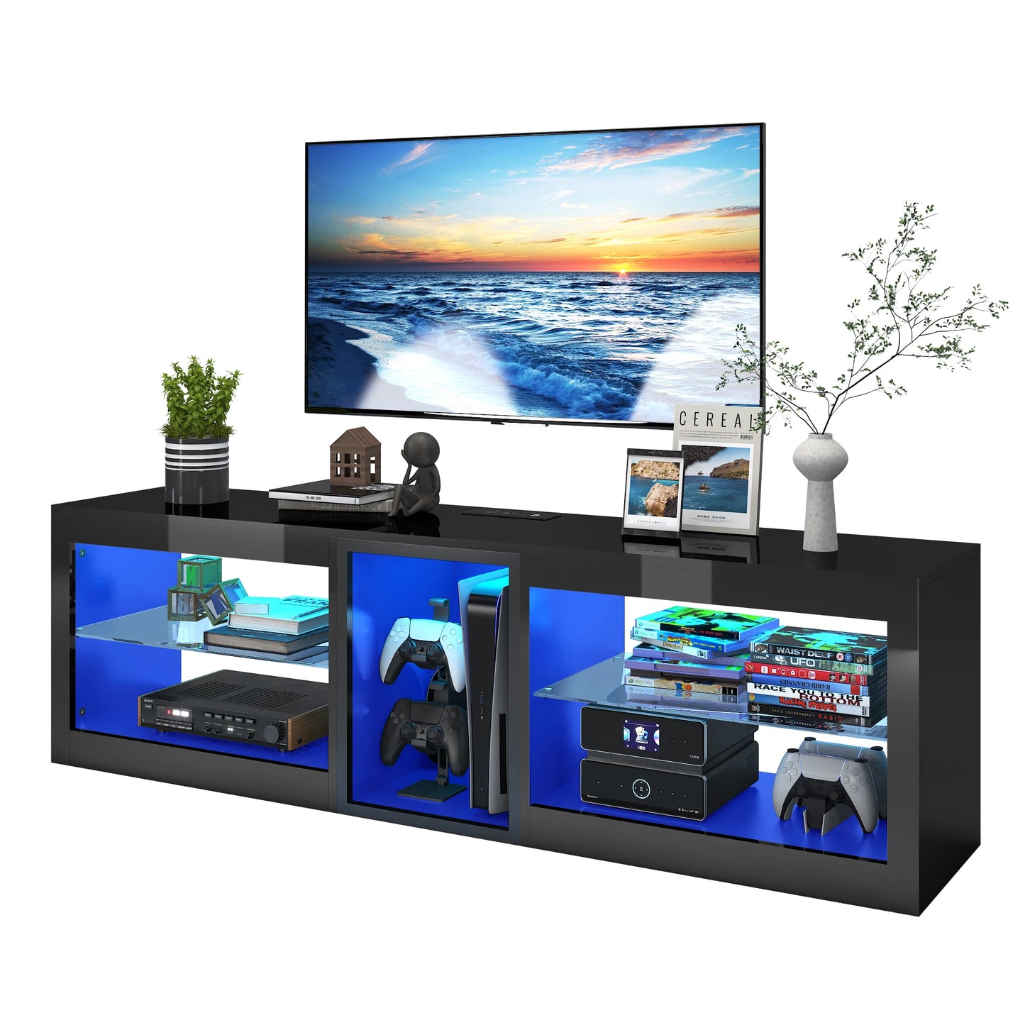 63" LED TV Stand for TVs Up To 70 Inch, Modern Entertainment Centre with Power Outlet TV Shelf with Storage Cabinet