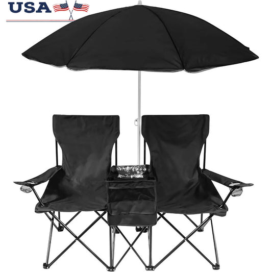 Double Folding Camp Beach Chair with Umbrella and Cooler Bag