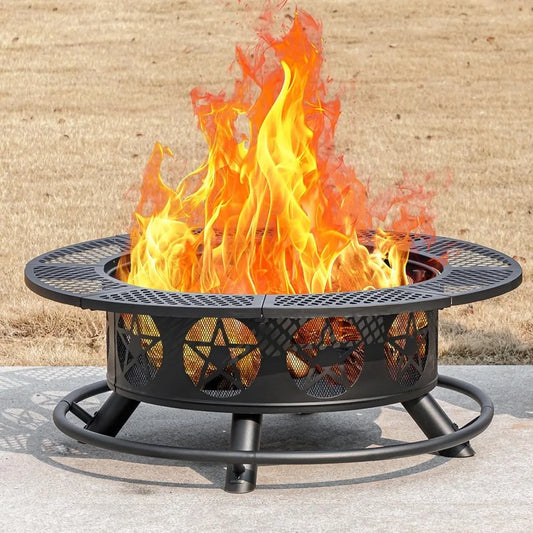 42 Inch Heavy Duty Fire Pit with Grills and Poker for Outdoors