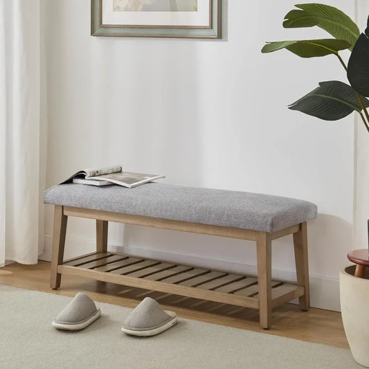 Chenille Upholstered Entryway Bench with Wood Shelf