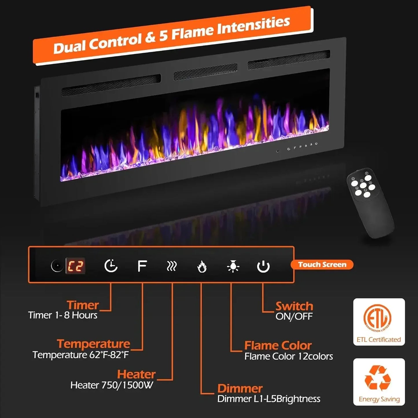 50 Inch Electric Fireplace Wall Mounted And Recessed With Remote Control Timer And Adjustable Flame Color