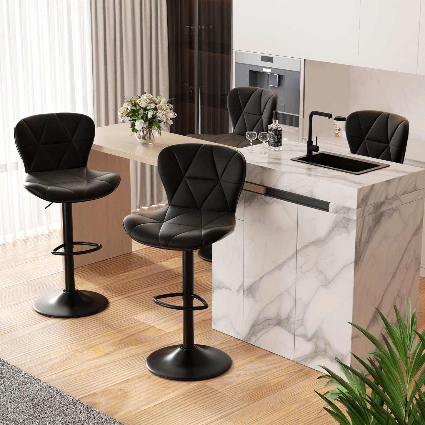 2 Pcs Bar Chair, 360 ° Rotation Adjustable Height, Faux Leather Upholstered with Backrest, Bar Furniture, for Dining Room, Kitchen
