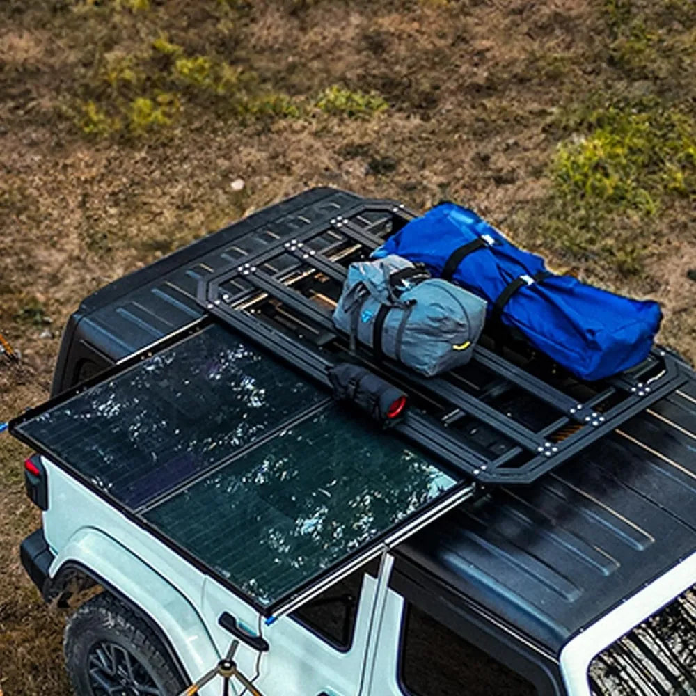 Flat Roof Rack Platform with Slidable Solar Panel Bracket | Roof Rack Flat Basket | Universal Rooftop Cargo Carrier System for