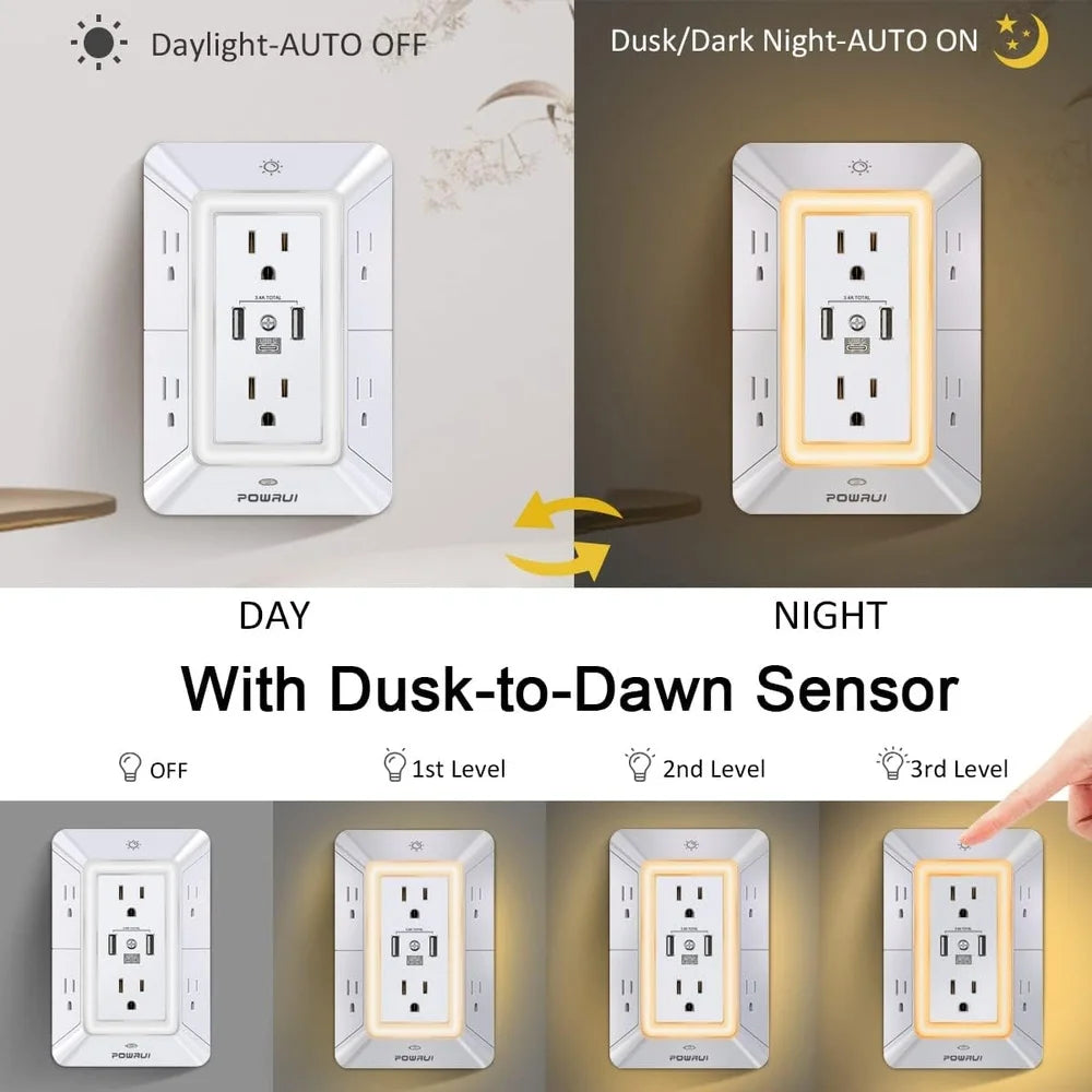 6 Outlet Surge Protector Power Strip with 3 USB Ports USB C Night Light 3D Design Adjustable Brightness Space Saving