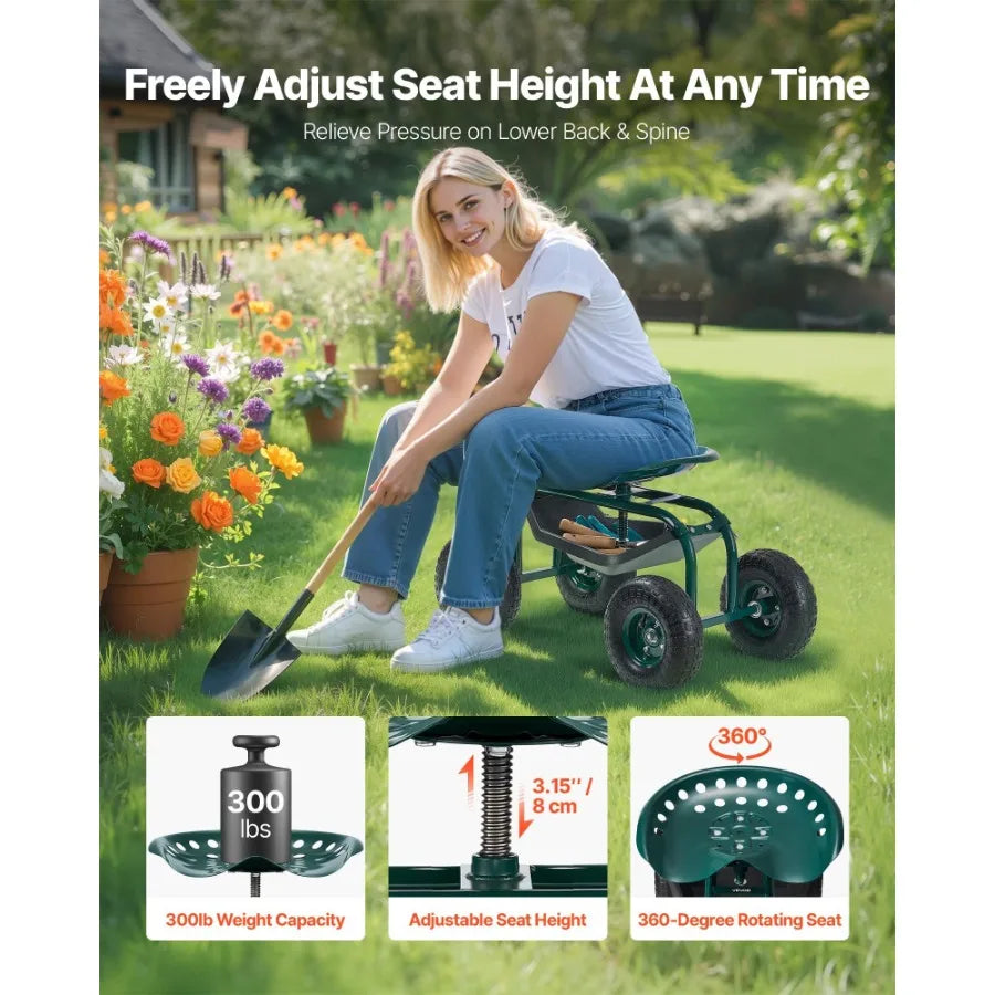 Hign-concerned Outdoor Rolling Garden Cart with Swivel Seat