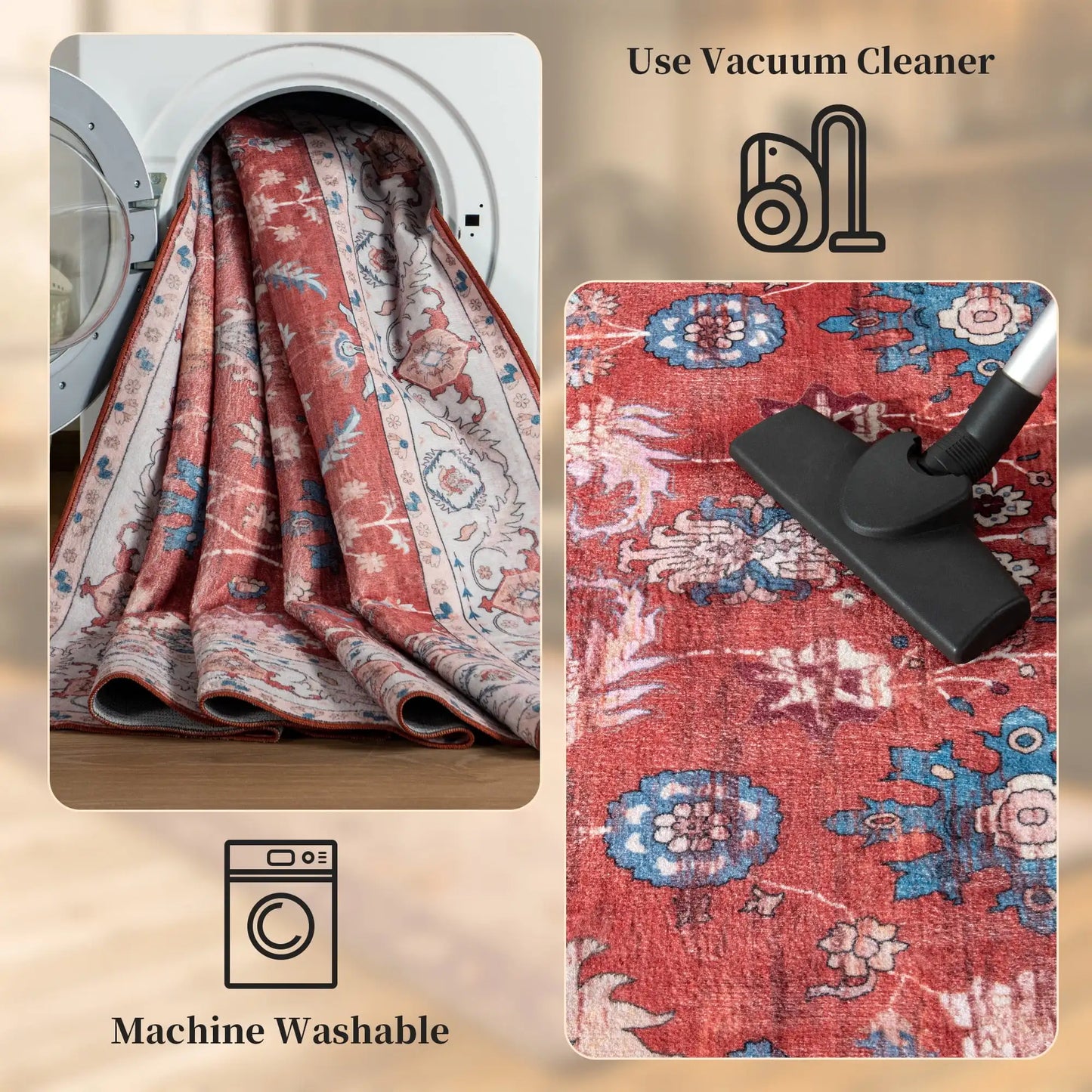 Vintage Bohemian Washable Red Area Rug for Home Decor