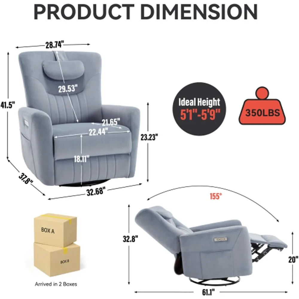 Swivel Rocker, Power Recliner Chair, Nursery Glider Recliner with Adjustable Headrest, USB Ports, Living Room Chairs