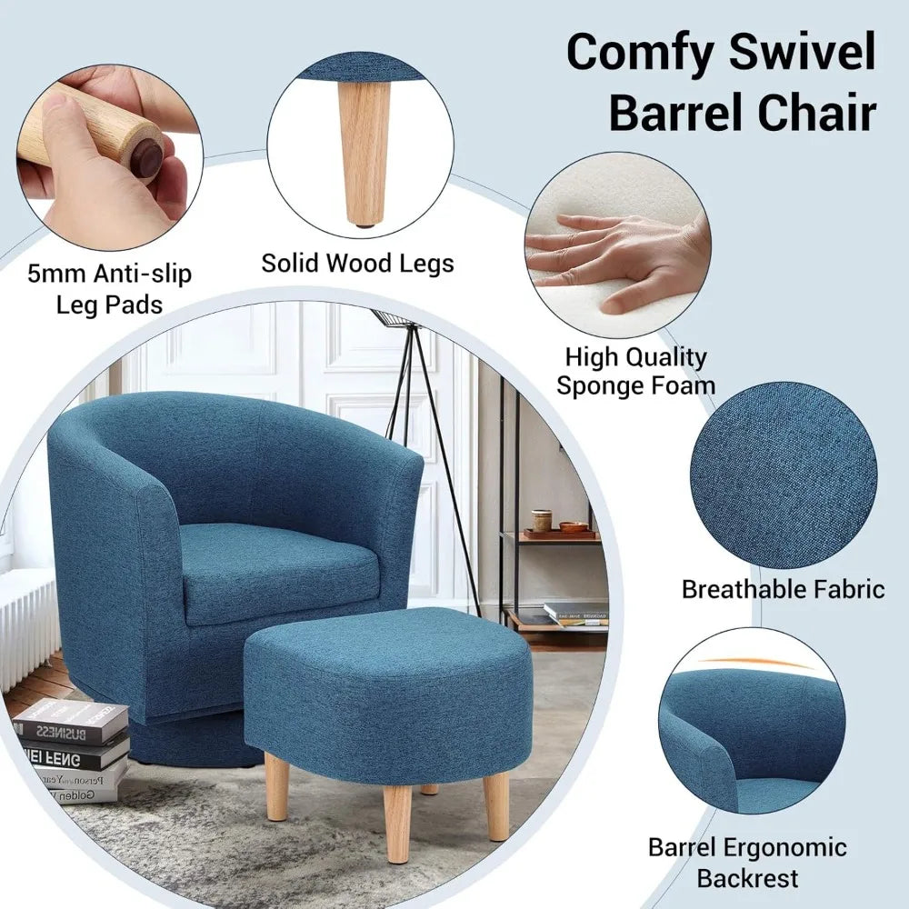 Blue Swivel Barrel Chair With Ottoman Upholstered Modern Living Room Armchair 360 Degree Swivel