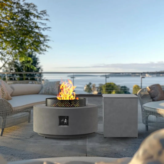 32 Inch 3 in 1 Round Gas Fire Pit Table with Wind Guard