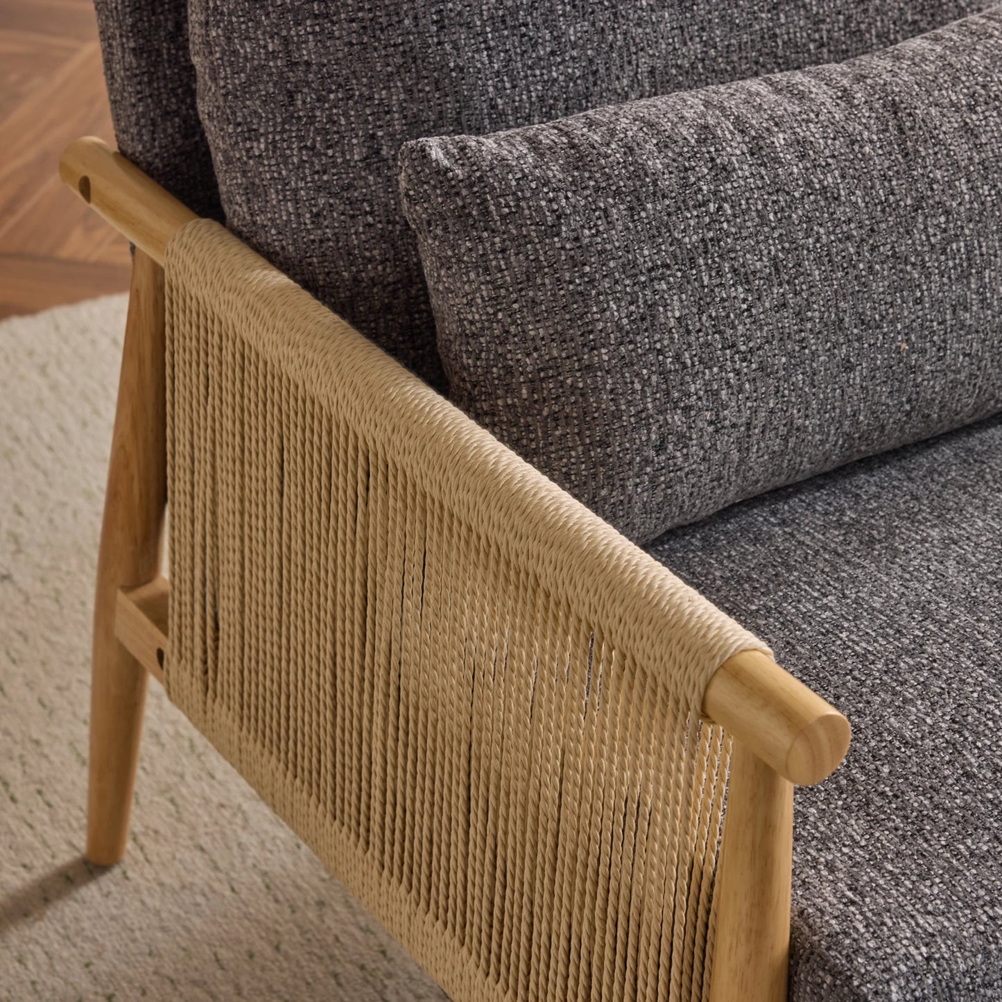 Modern Braid Accent Chair with Natural Oak Wooden Armrest, with Waist Pillow for Living Room, Bedroom, Reading Room, Balcont