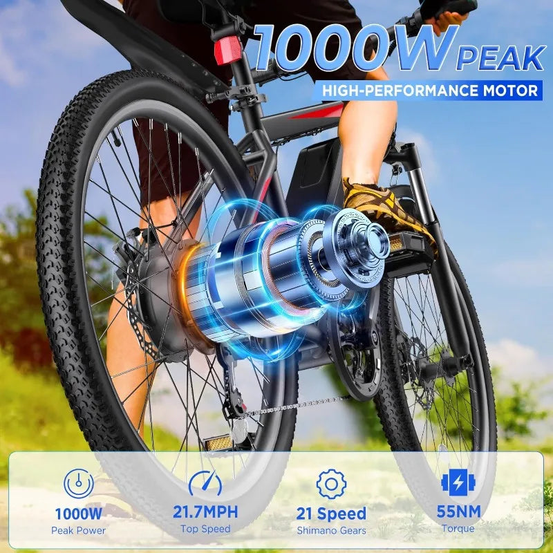 Electric Bike for Adults, 26'' 1000W Peak Ebike,with 48V 374.4WH Removable Battery, Adjustable Stem, Fenders