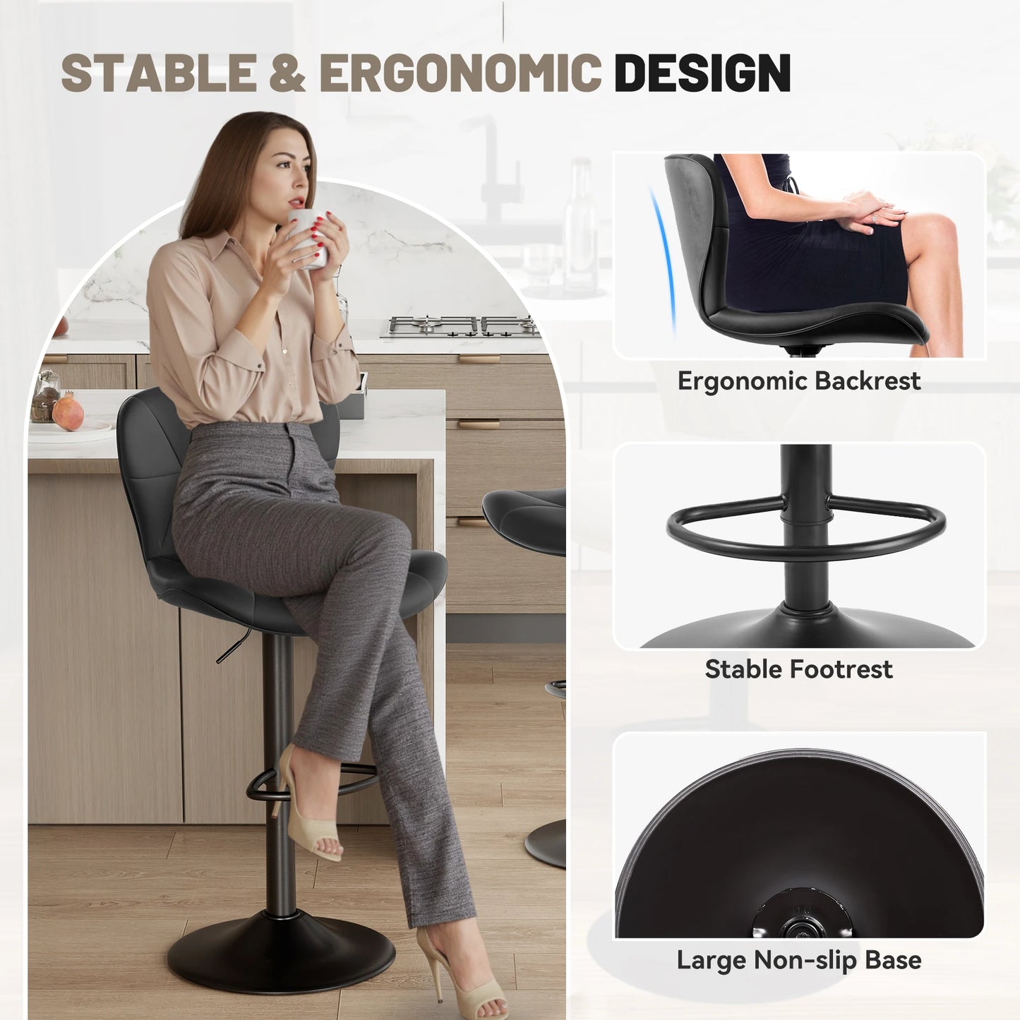 2 Pcs Bar Chair, 360 ° Rotation Adjustable Height, Faux Leather Upholstered with Backrest, Bar Furniture, for Dining Room, Kitchen