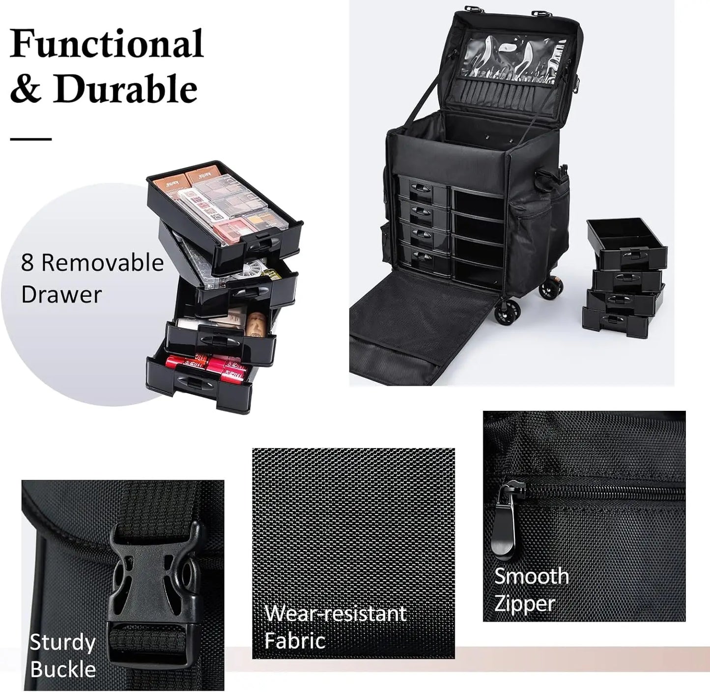 Maxulene 2in1 Professional Makeup Case Rolling Wheels