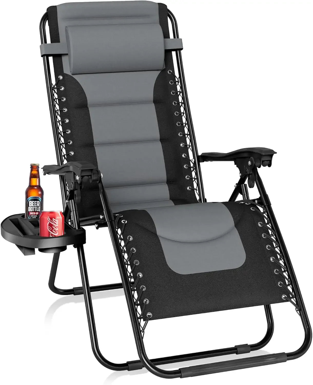 Padded Zero Gravity Lounge Chair Folding Patio Recliner with Adjustable Headrest & Cup Holder, Support 350 LBS