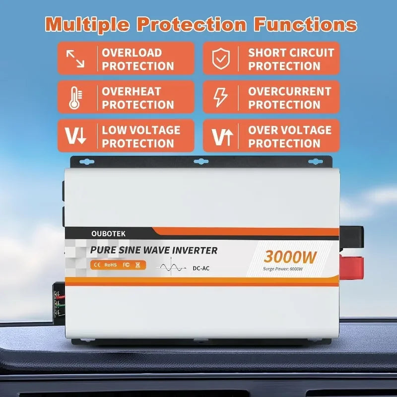 home.3000 Watt Pure Sine Wave Inverter, DC 12V to AC 120V Car Inverter with LCD Display, Remote Control, USB Port