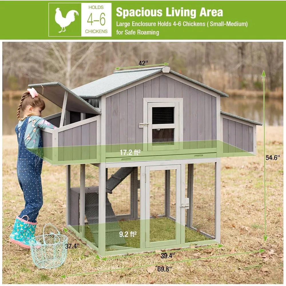 Chicken Coop Foldable Hen House with Run and 4 Nesting Boxes Wooden Large Chicken Coop 69.8" L for 4-6 Chickens Pull Out Metal
