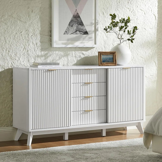 60 Inch Modern Fluted Dresser with Sliding Doors and Drawers
