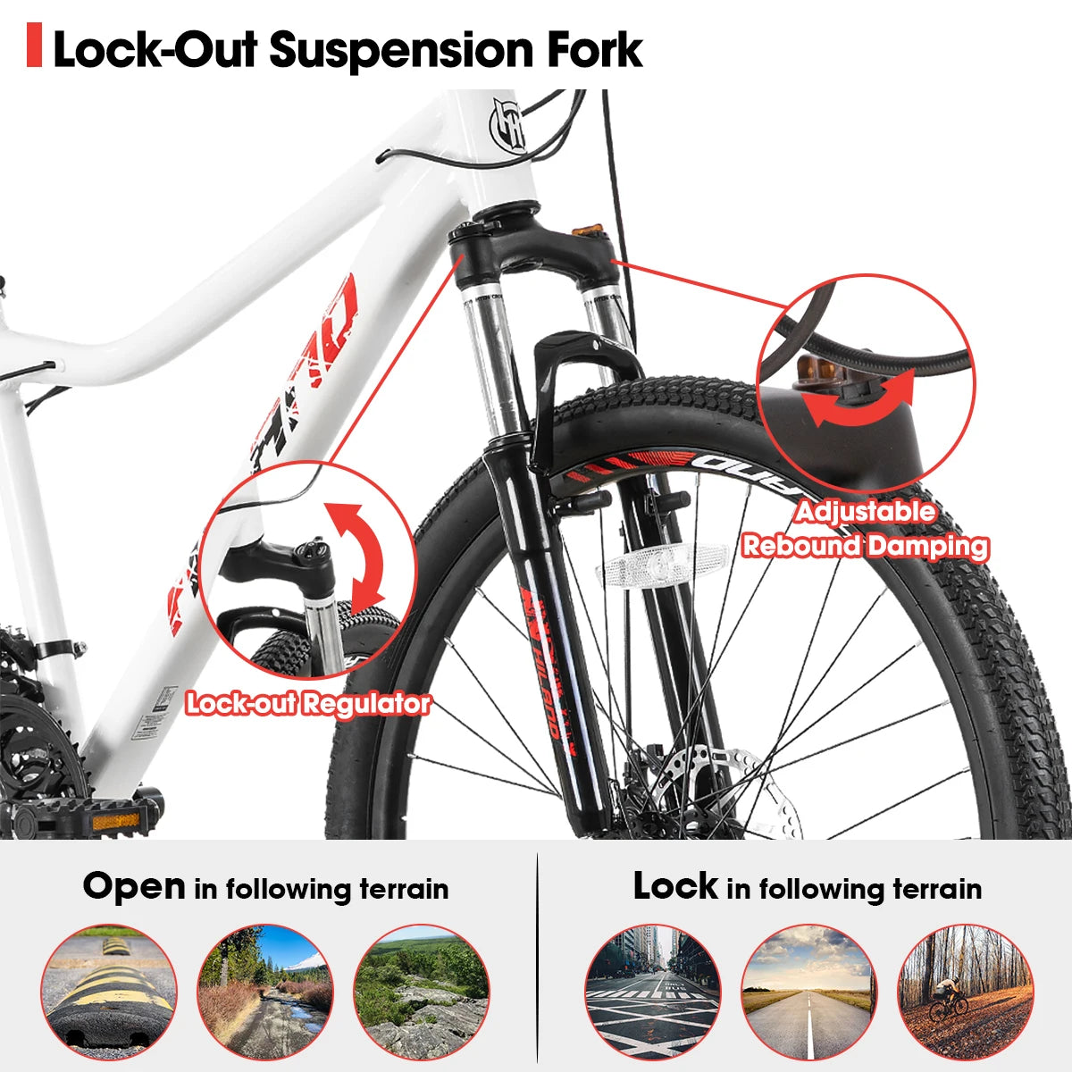 Hiland 20 26 27 Inch Mountain Bike for Women, 21 Speed with Lock-Out Suspension Fork, Dual Disc Brakes, Aluminum Frame MTB