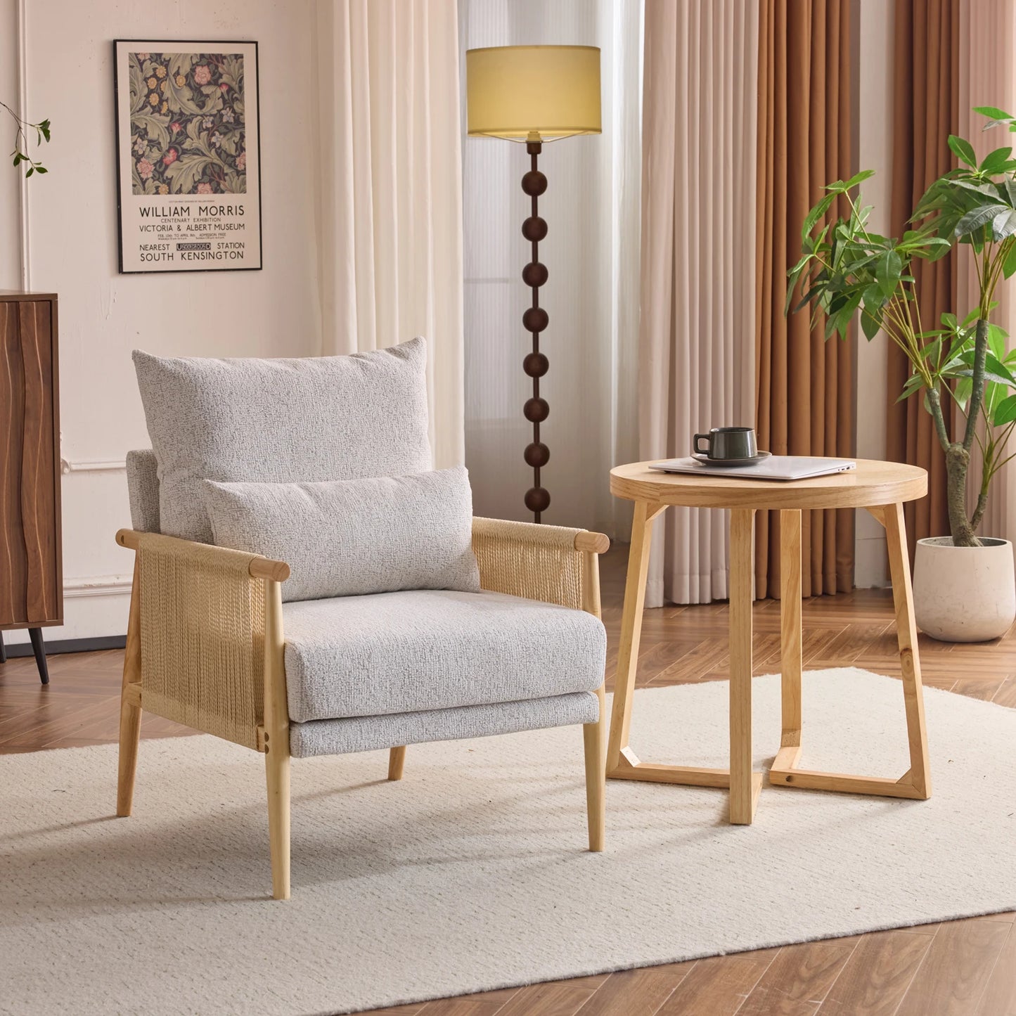Modern Braid Accent Chair with Natural Oak Wooden Armrest, with Waist Pillow for Living Room, Bedroom, Reading Room, Balcont