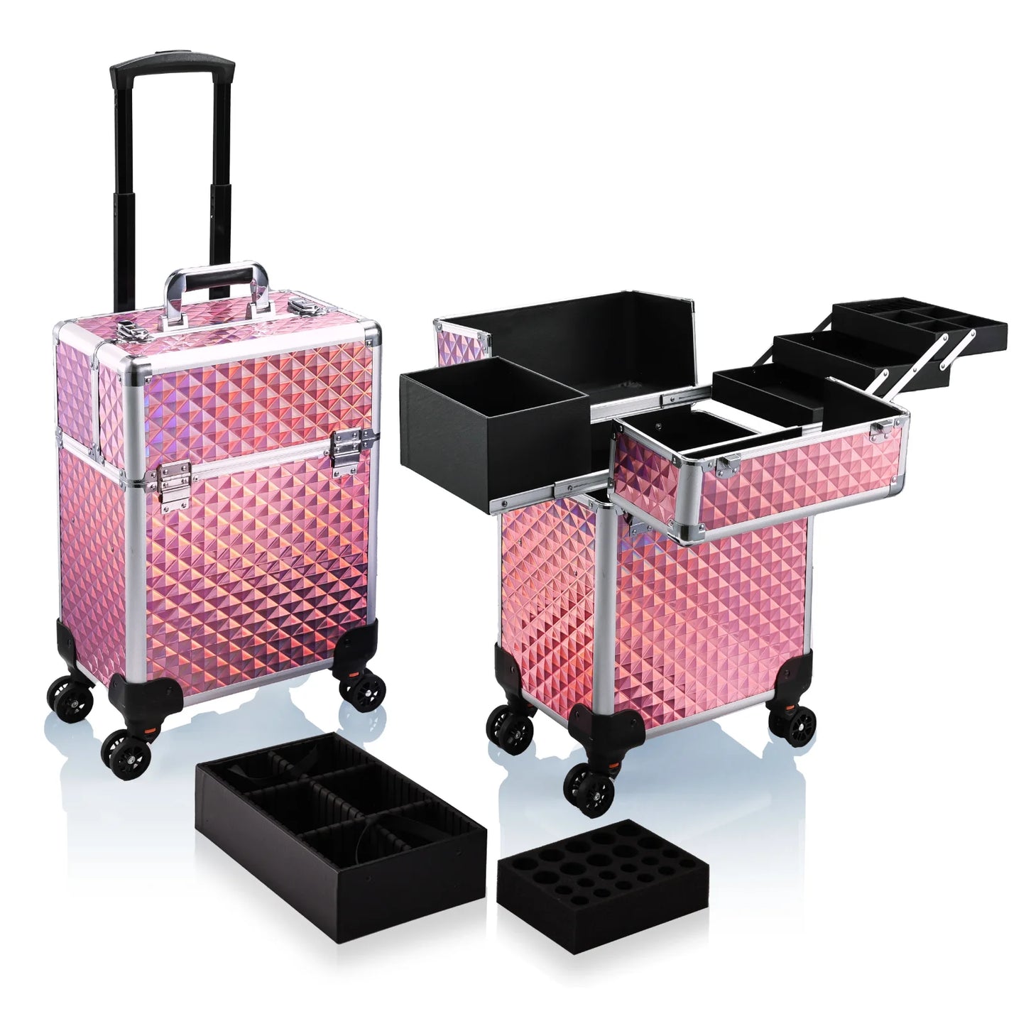 Maxulene Rolling Makeup Train Case With 4 Tray Trolley