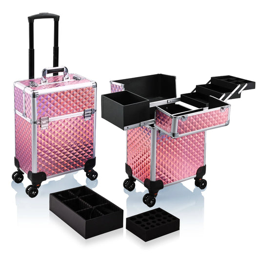 Maxulene Rolling Makeup Train Case With 4 Tray Trolley