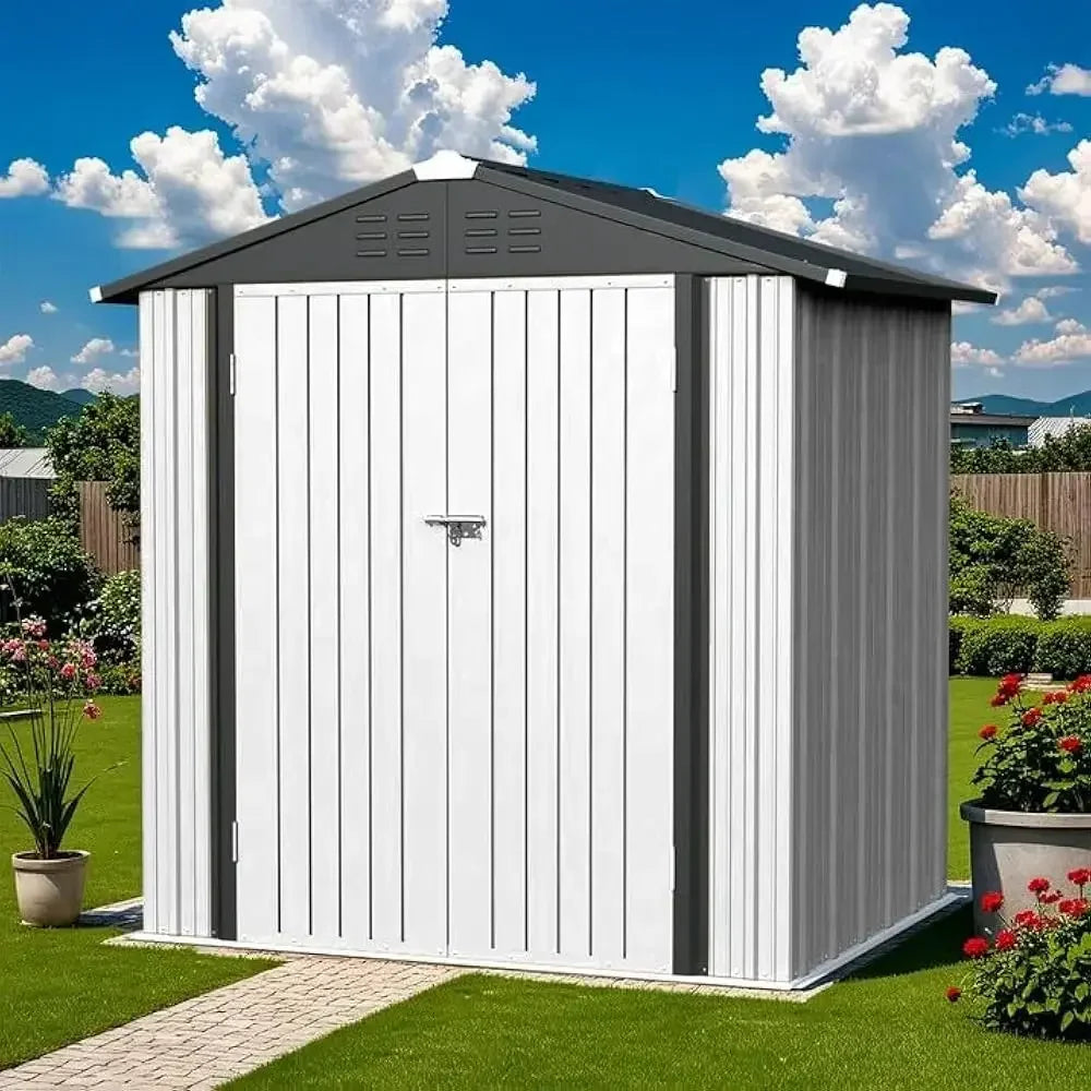 6×4FT Outdoor Storage Shed, Metal Patio Storaged Sheds with Lockable Doors, Sheds & Outdoor Storage for Bike, Pool and Garden