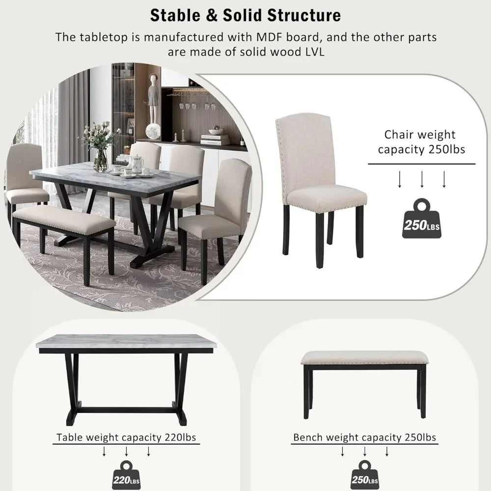 GUANGBAI 6 Piece Dining Table Set With Bench And Chairs