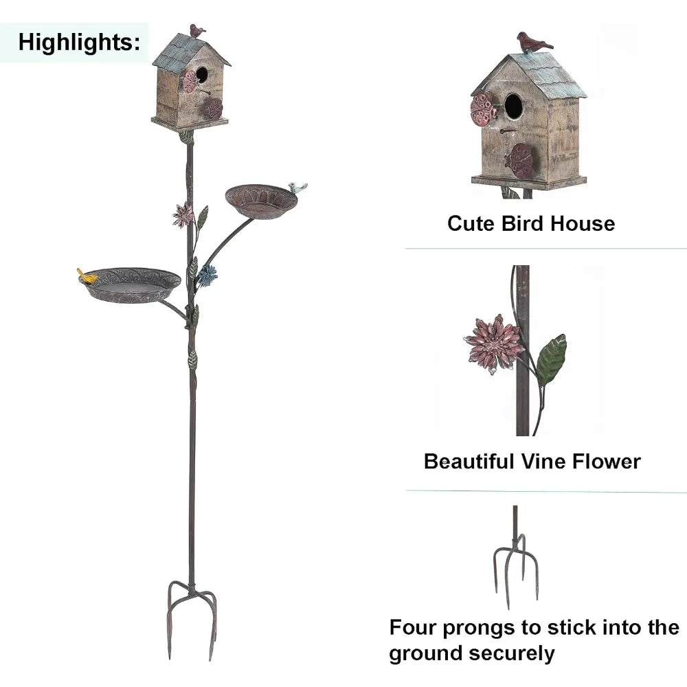 Bird House for Outside with Stake & Bird Feeder/Bath Bowl - Free Standing 3 in 1 Bird Feeder Tray, Bird Bath Bowl, Birdhouse for
